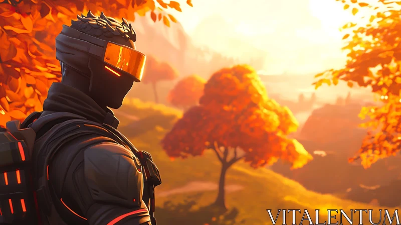 Cyborg Amidst Autumn Foliage and Sunset