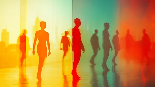 Street Silhouettes Against Colorful Glass Panels