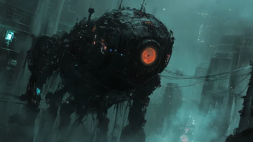 Cybernetic Monolith in Drizzling Metropolis