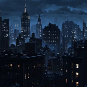 Urban Night Skyline with Bright Building Lights