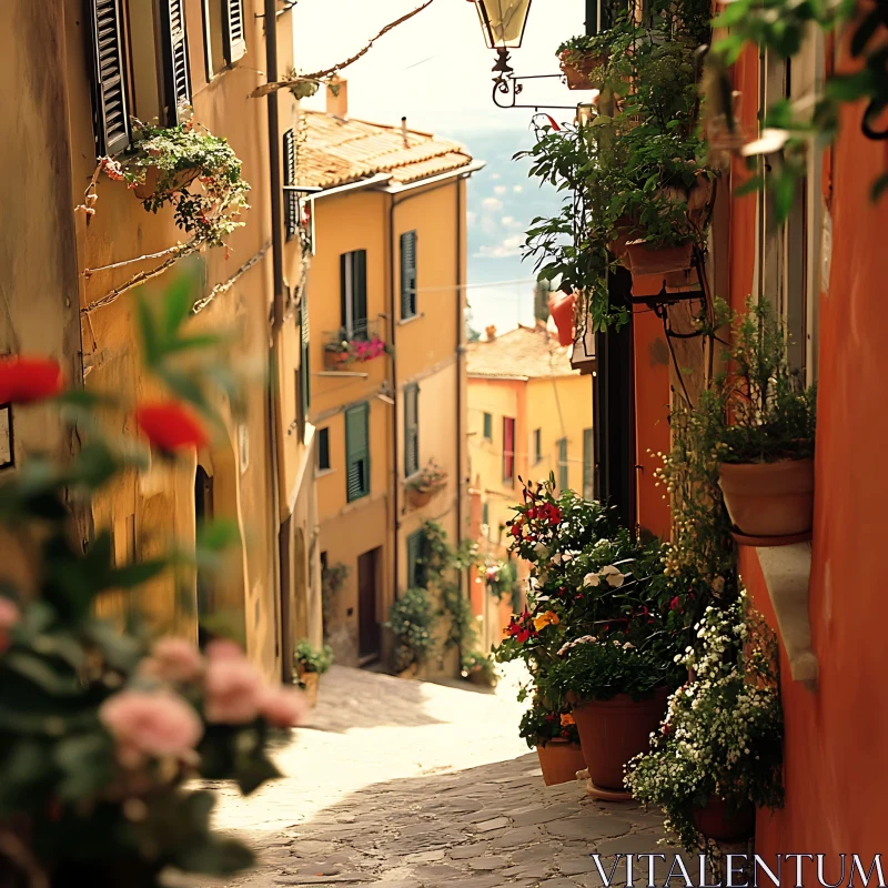 Charming Mediterranean Street with Flowers AI Image