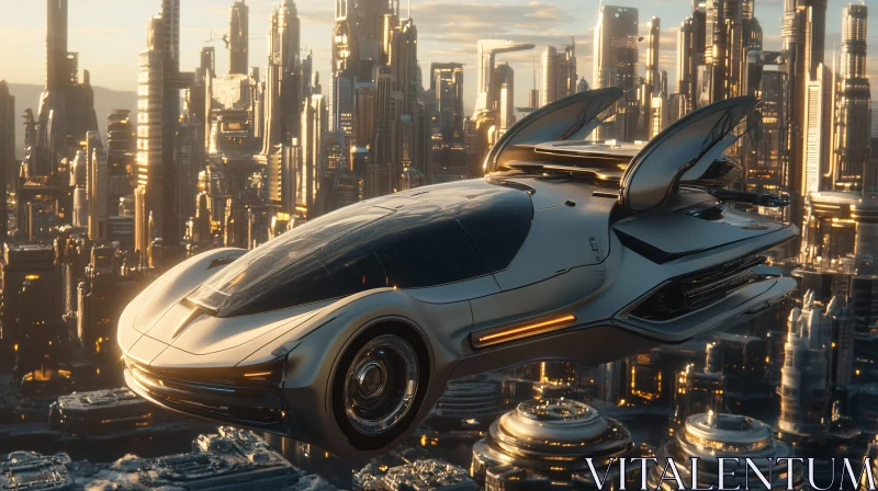 Futuristic Flying Vehicle Over High-Tech City