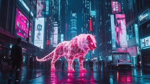 Cyberpunk City with Glowing Pink Digital Tiger