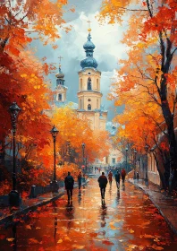 Urban Autumn Scene with Cathedral and Fall Foliage