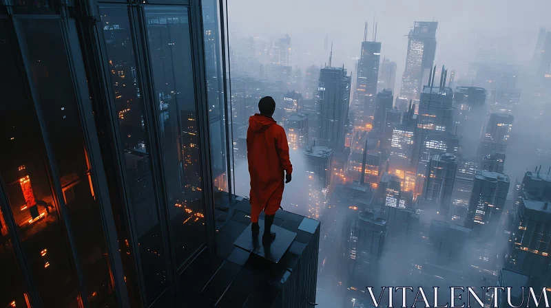 Man in Red Coat Stands on Skyscraper Edge in Futuristic City