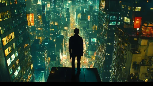 Silhouette on Rooftop with Night City Skyline