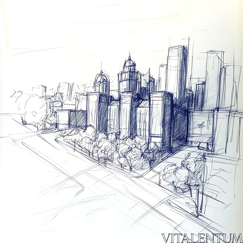 Cityscape Drawing with Buildings and Trees