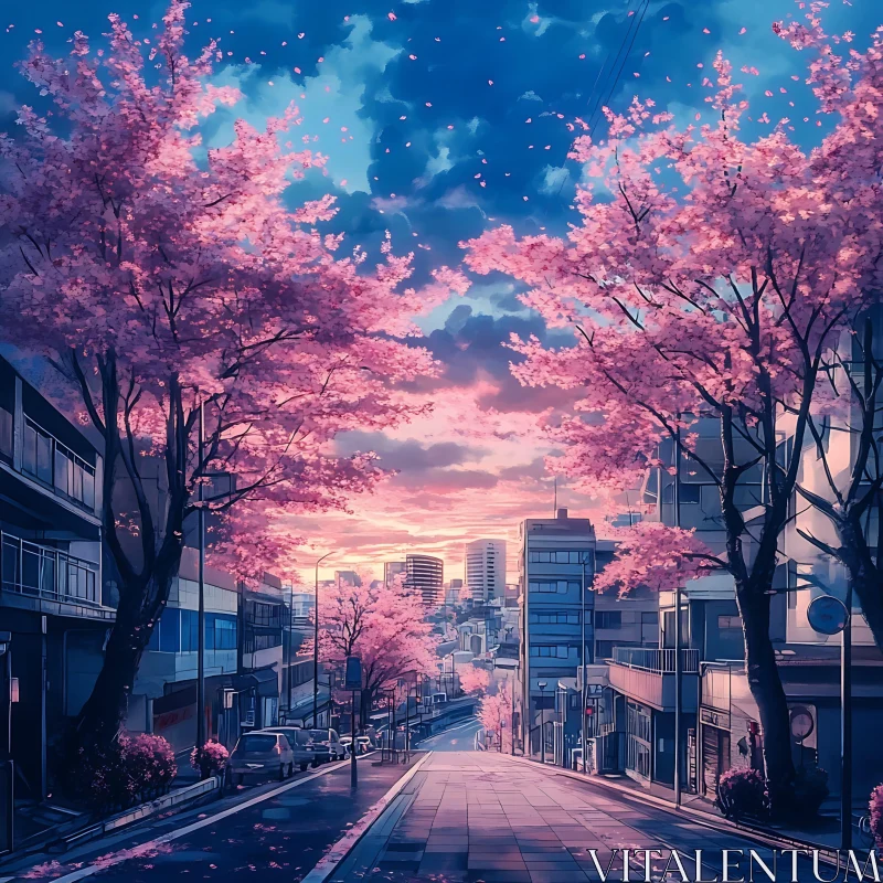 Cityscape with Blooming Cherry Blossoms