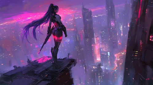 Cyberpunk Cityscape with Vigilante at Night