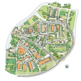 Urban Layout Map with Buildings and Vegetation