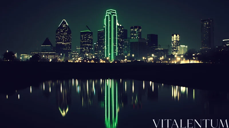 Nighttime Cityscape with Reflective Waterfront