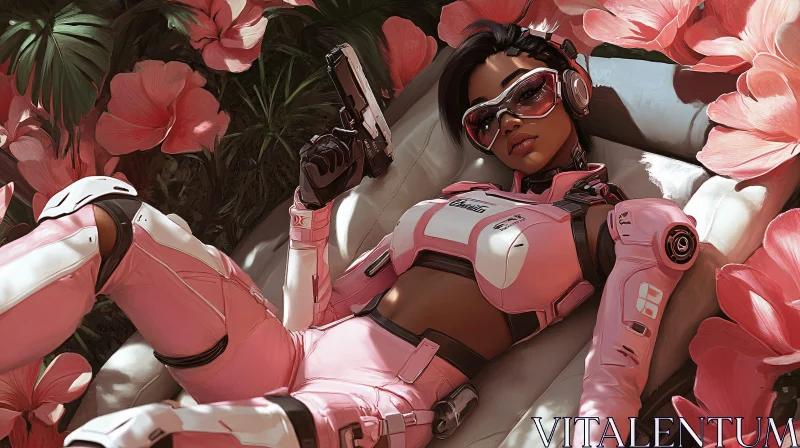 Cyberpunk Woman in Technological Gear and Flower Bed