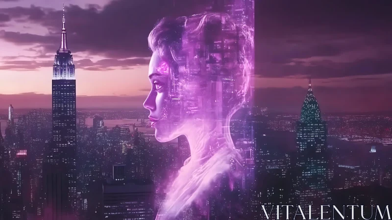 AI ART Cyborg Amidst a Purple Dusk Cityscape