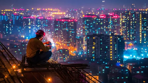 Urban Construction Worker Welding at Night