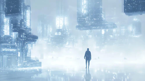 Misty Futuristic City with Glowing Architecture