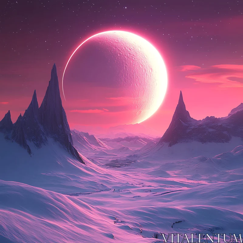 Surreal Twilight Mountain Scenery with Majestic Moon AI Image