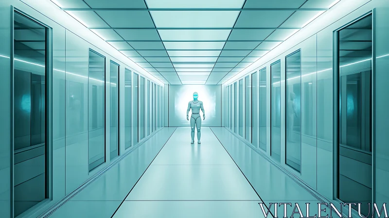 Cyborg in High-Tech Hallway AI Image