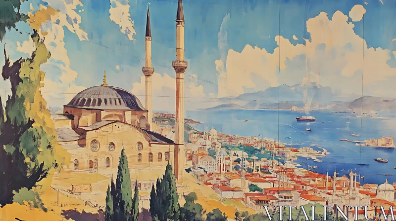 Seaside Cityscape with Mosque and Minarets AI Image