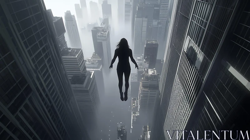 AI ART Silhouette Floating Over Urban Skyscrapers