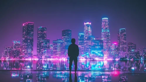 Silhouette Against Neon-Lit City at Night