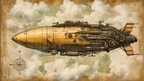 Steampunk Airship Amidst Clouds