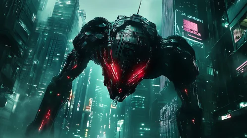 Giant Cyborg Amidst Neon-Lit City