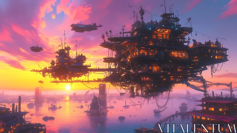 AI ART Sunset Over a Futuristic Floating City