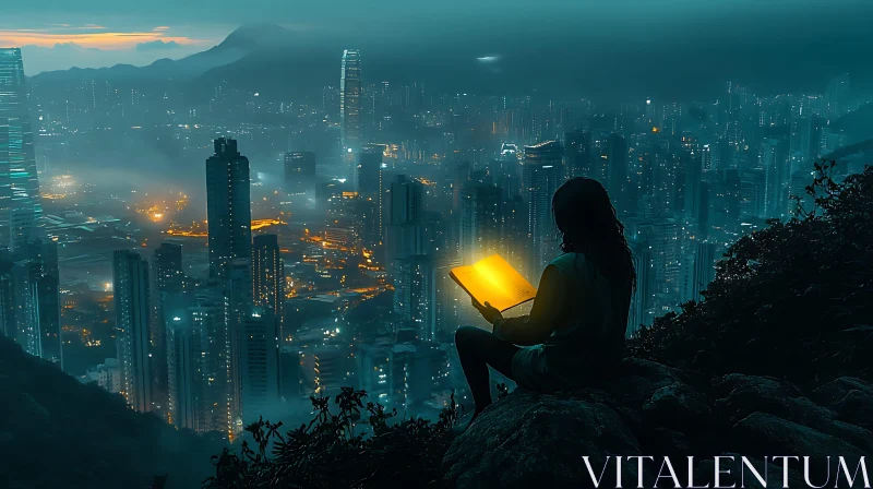 AI ART Nighttime Urban Vista with a Reader and a Luminous Book