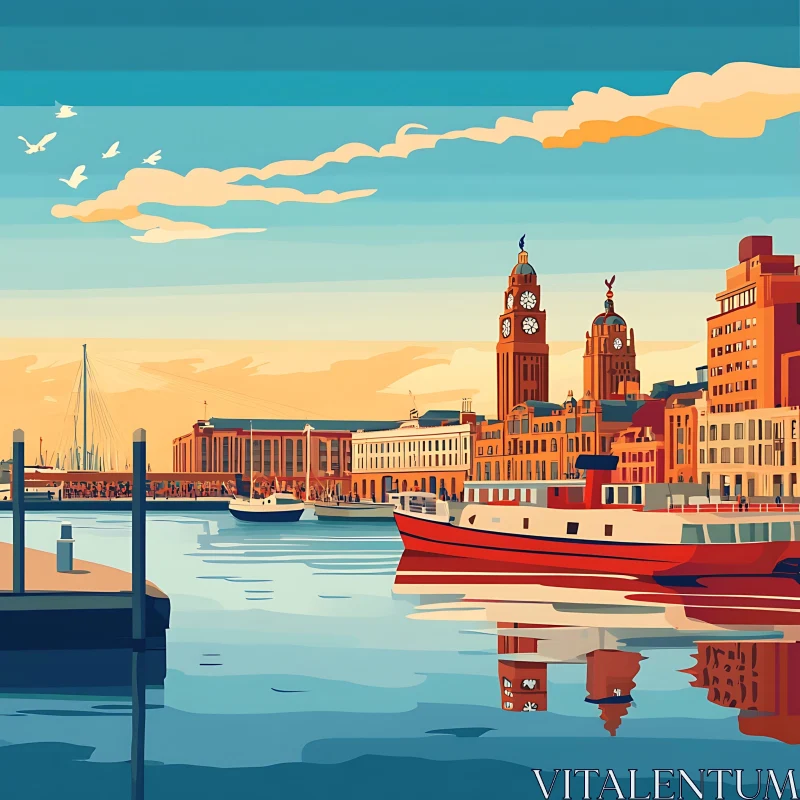 Scenic City Waterfront with Boats and Clock Towers AI Image