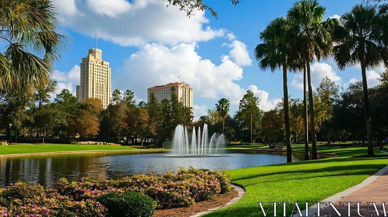 City Park with Fountain and Palm Trees AI Image