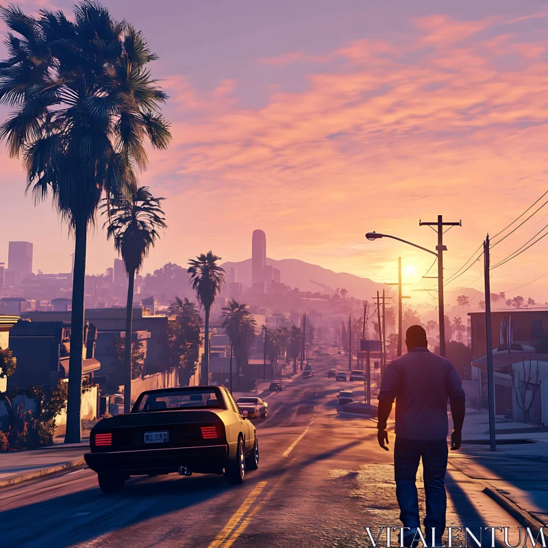 Beautiful Urban Sunset with Palm Trees and Quiet Street AI Image