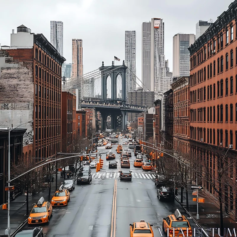 Urban Life in New York: Manhattan Bridge & Taxi-Lined Streets AI Image