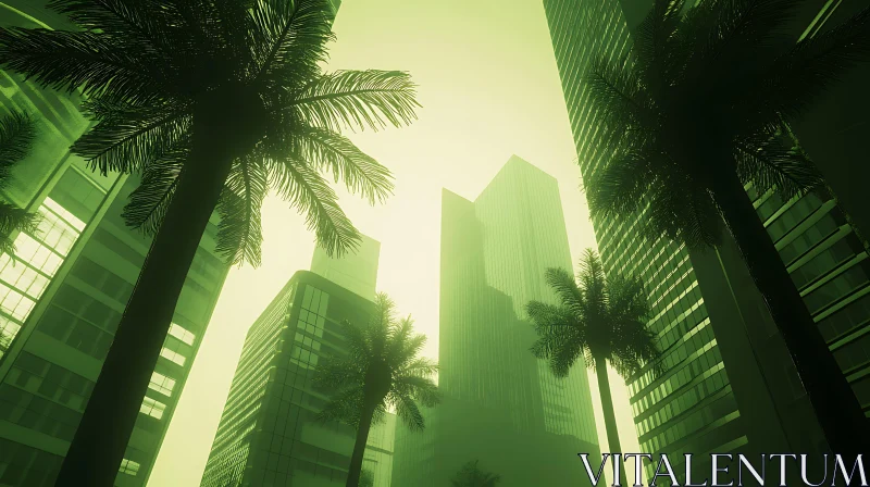 Green Monochrome Cityscape with Skyscrapers and Trees AI Image