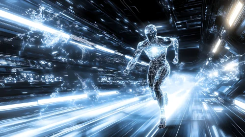 High-Tech Cyborg Running in Illuminated Tunnel