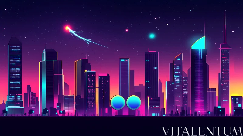 Neon Urban Landscape under Starry Sky AI Image