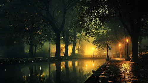 Misty Forest Pathway at Night with Lamp Reflections