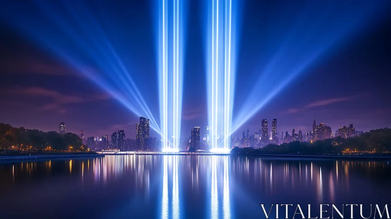 AI ART Illuminated City Skyline with Blue Light Reflection