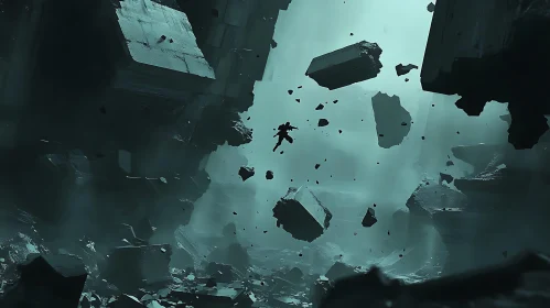 Ethereal Astronaut Amidst Floating Rocks and Debris