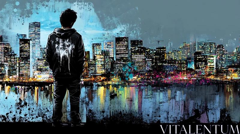 AI ART Contemplative Silhouette Facing Nighttime City