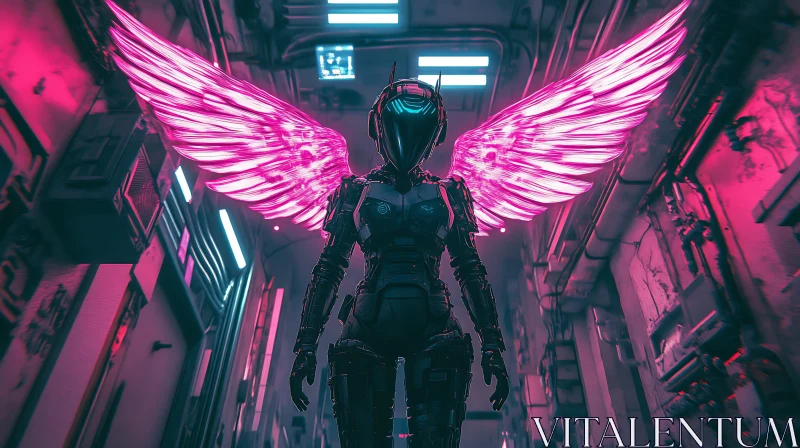 AI ART Cyborg with Glowing Pink Wings in a Tech Alley