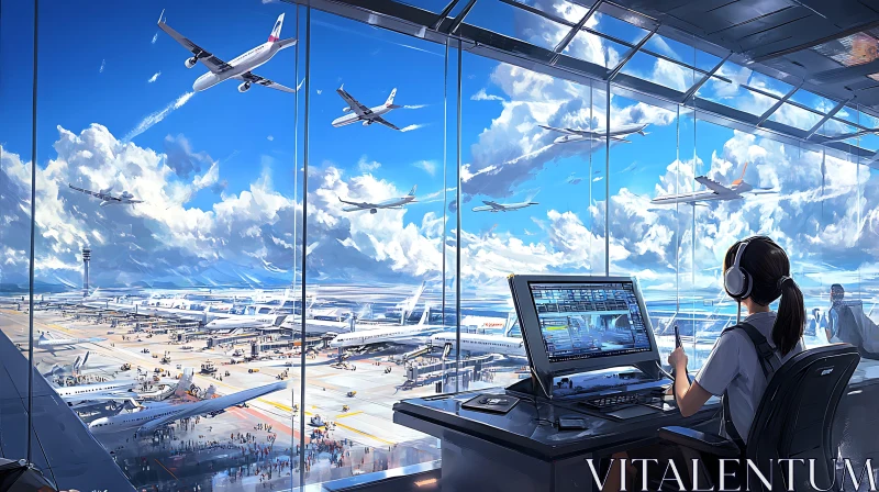 AI ART Airport Control Tower Overseeing Active Runway Operations