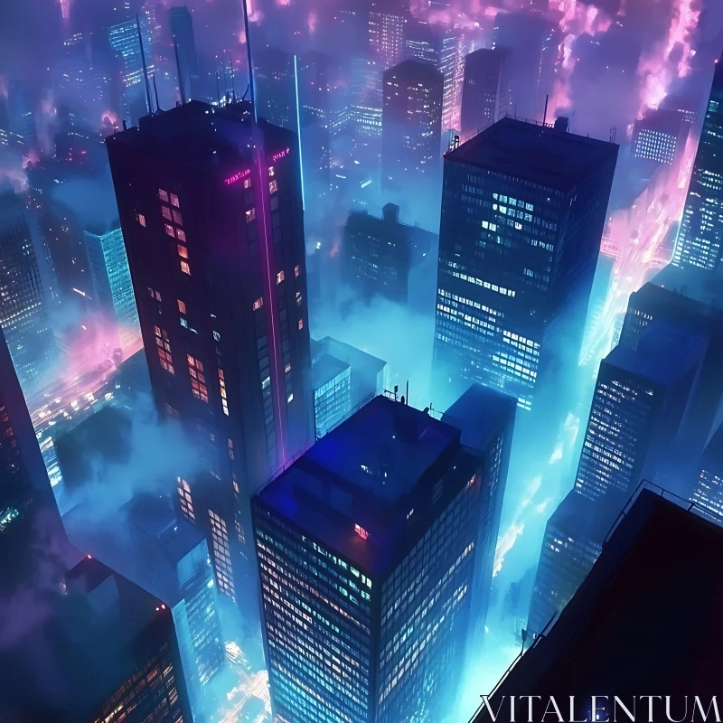 Neon-Lit Foggy Skyscrapers AI Image