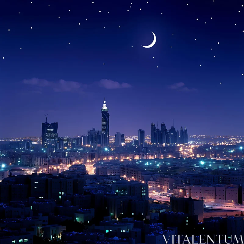 Illuminated City at Night with Crescent Moon and Stars AI Image