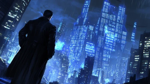 Neon-lit Night City with Mysterious Figure