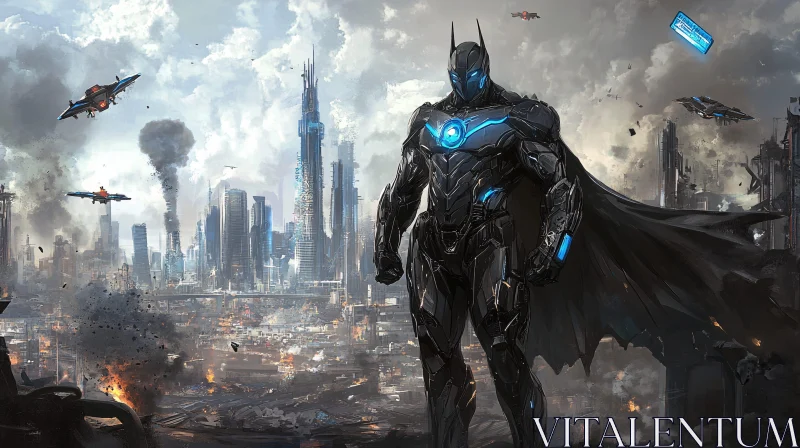 Armored Cyborg Overlooking Futuristic City AI Image