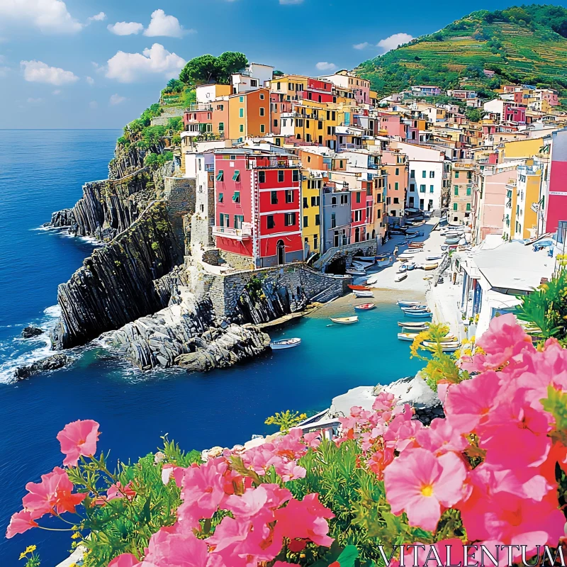 Scenic Seaside Italian Village with Bright Architecture AI Image