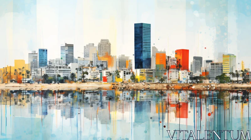 AI ART Vibrant Skyline Painting with Water Reflection