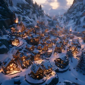 Cozy Snow-Covered Mountain Village at Dusk