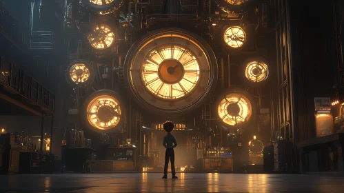 Mystical Warehouse Filled with Glowing Clocks