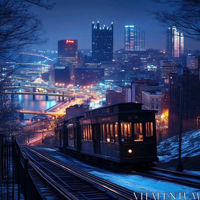 Nighttime Cityscape with Illuminated Tram AI Image